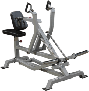 Seated row exercise machine on black background.