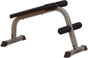 Exercise bench with padded supports on black.