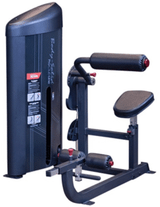 A leg curl exercise machine for gym workouts.