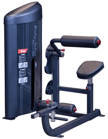 A leg curl exercise machine for gym workouts.