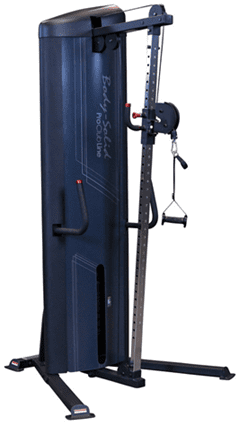 A compact home gym machine with pulleys and adjustable cables for strength training.