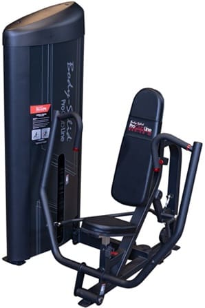 Seated chest press gym machine, black color.
