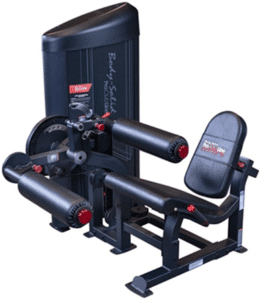 A leg extension and curl exercise machine with padded seat and rollers.