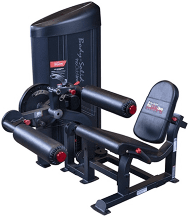 A leg extension and curl exercise machine with padded seat and rollers.