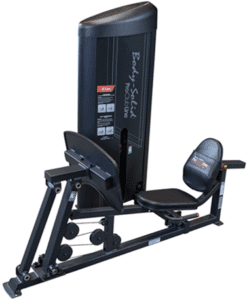 Black leg press machine with padded seat and weight stack.