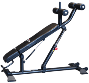 Adjustable incline weight bench with leg rollers.