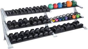 Dumbbells, kettlebells, and medicine balls on rack.
