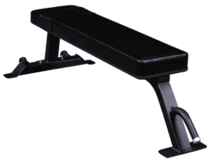 Black flat weight bench for gym use.