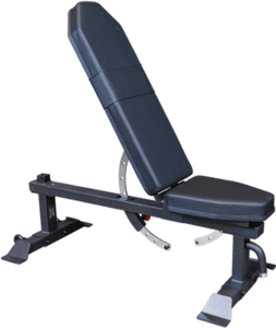 Adjustable weight bench with black padding.
