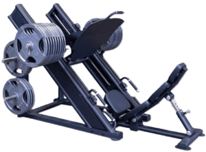 Leg press machine loaded with weights.