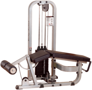Leg curl exercise machine on black background.