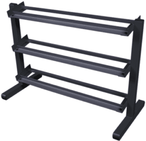 Three-tier black metal rack stand.