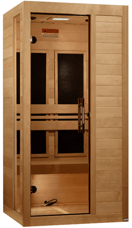 Wooden infrared sauna with glass door.