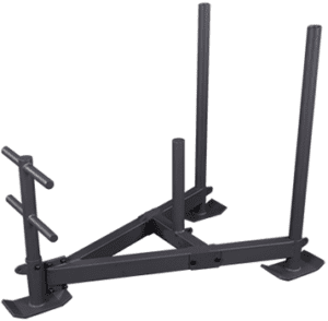 Black metal sled for strength training.