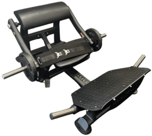 Portable leg press exercise equipment with rollers and handles.