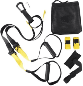 Suspension training kit with accessories and bag.