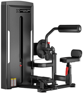 Seated back extension gym machine in black.