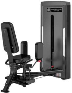 Leg press machine with black padding.