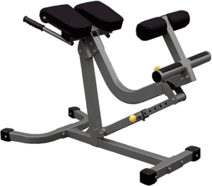 Hyperextension exercise bench with padded supports.