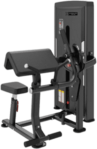 Seated bicep curl machine in gym.