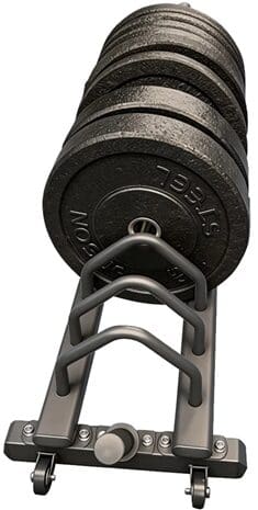 Weight plate storage rack with black weights.