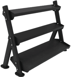 Three-tiered black display shelf on black background.