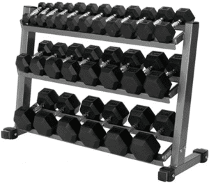 Rack of hex dumbbells in gym setting.