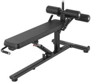 Adjustable gym bench with padded rollers.