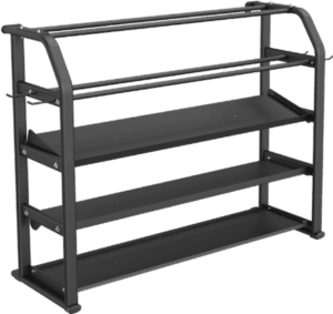 Black three-tier metal storage rack.