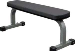 Weightlifting flat bench with padded surface.