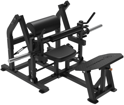 Seated leg press machine with padded seat and footplate for strength training.
