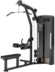 Gym cable machine with weights and bench.