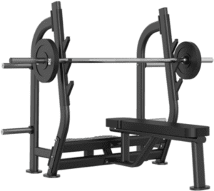 Weight bench with barbell and weights.