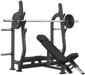 Incline bench press with weight plates attached.