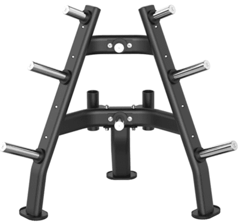 Weight plate storage rack with multiple pegs.