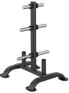 Weight plate storage rack with multiple pegs.