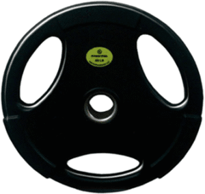 Black weightlifting plate with three grips.