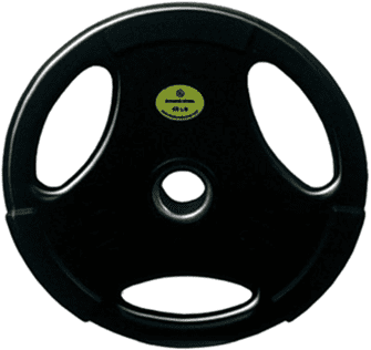 Black weightlifting plate with three grips.