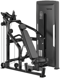 Black gym chest press machine equipment.