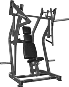 Chest press machine with black padded seat.