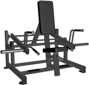 Seated chest press machine with black padding.