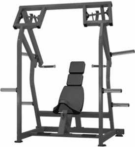 Gym shoulder press machine with adjustable seat.