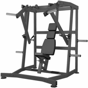 Seated chest press exercise machine, black frame.