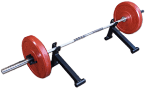 Barbell with red weight plates on a black stand.