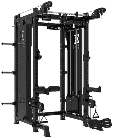 Black multi-functional gym cable machine for strength training.