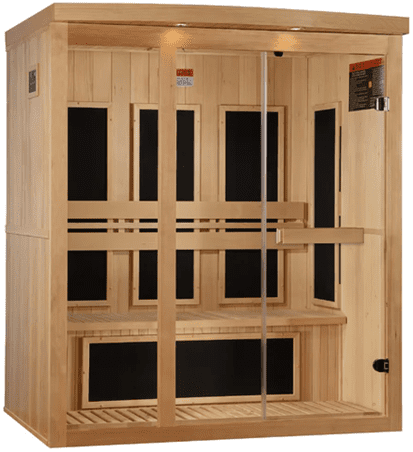 Wooden infrared sauna with glass door.