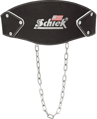 Weightlifting belt with chain and logo.