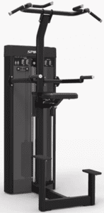 Assisted pull-up and dip workout machine.
