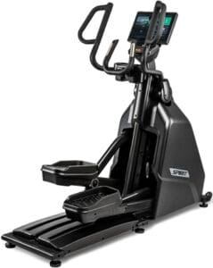 Black elliptical machine with digital display screen.