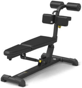 Adjustable black fitness bench with padded supports.
